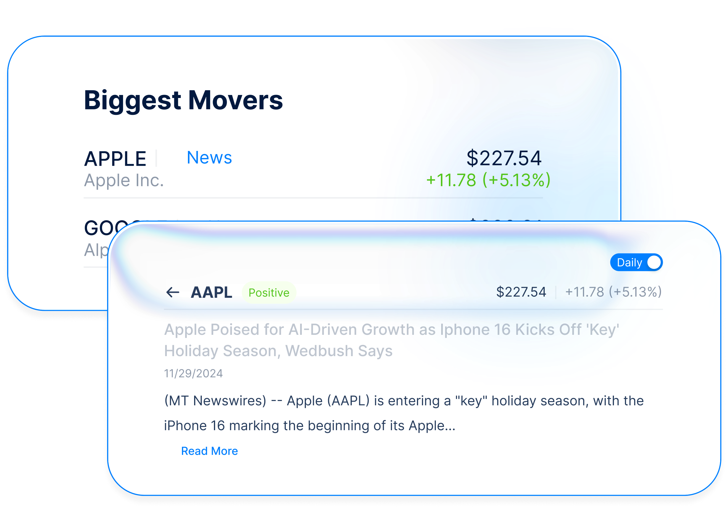 ARQA AI providing real-time data monitoring, showing stock price changes and market news.