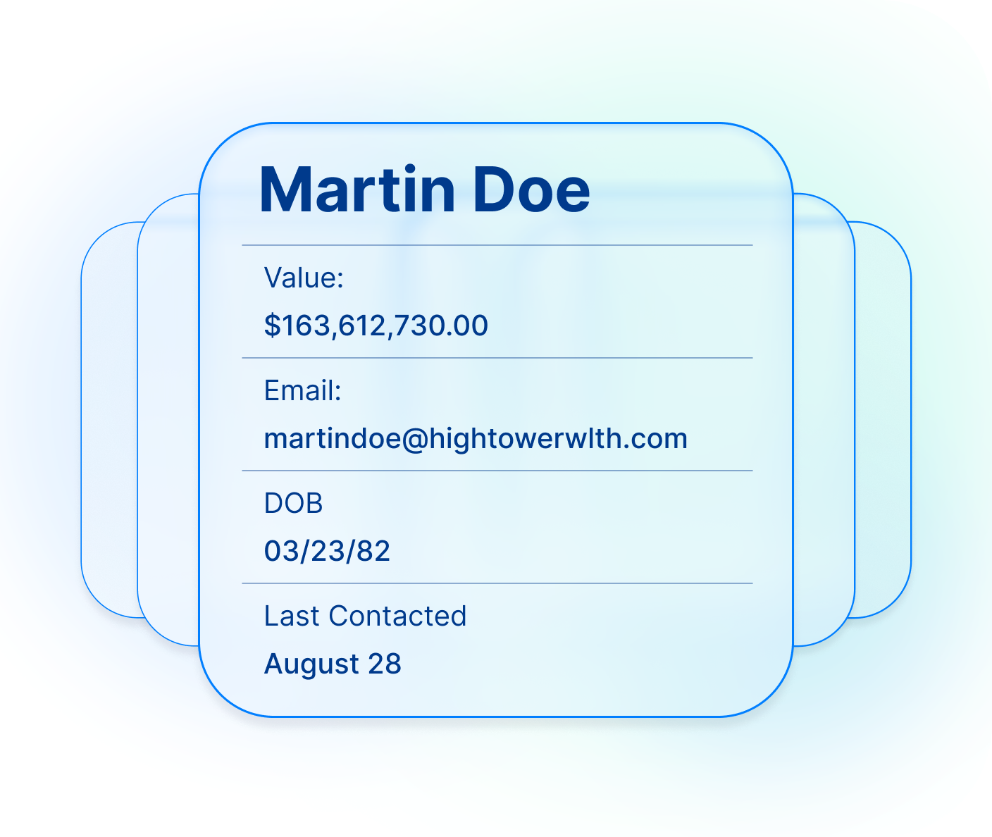 ARQA CRM illustrative interface displaying client profile information in a centralized database.