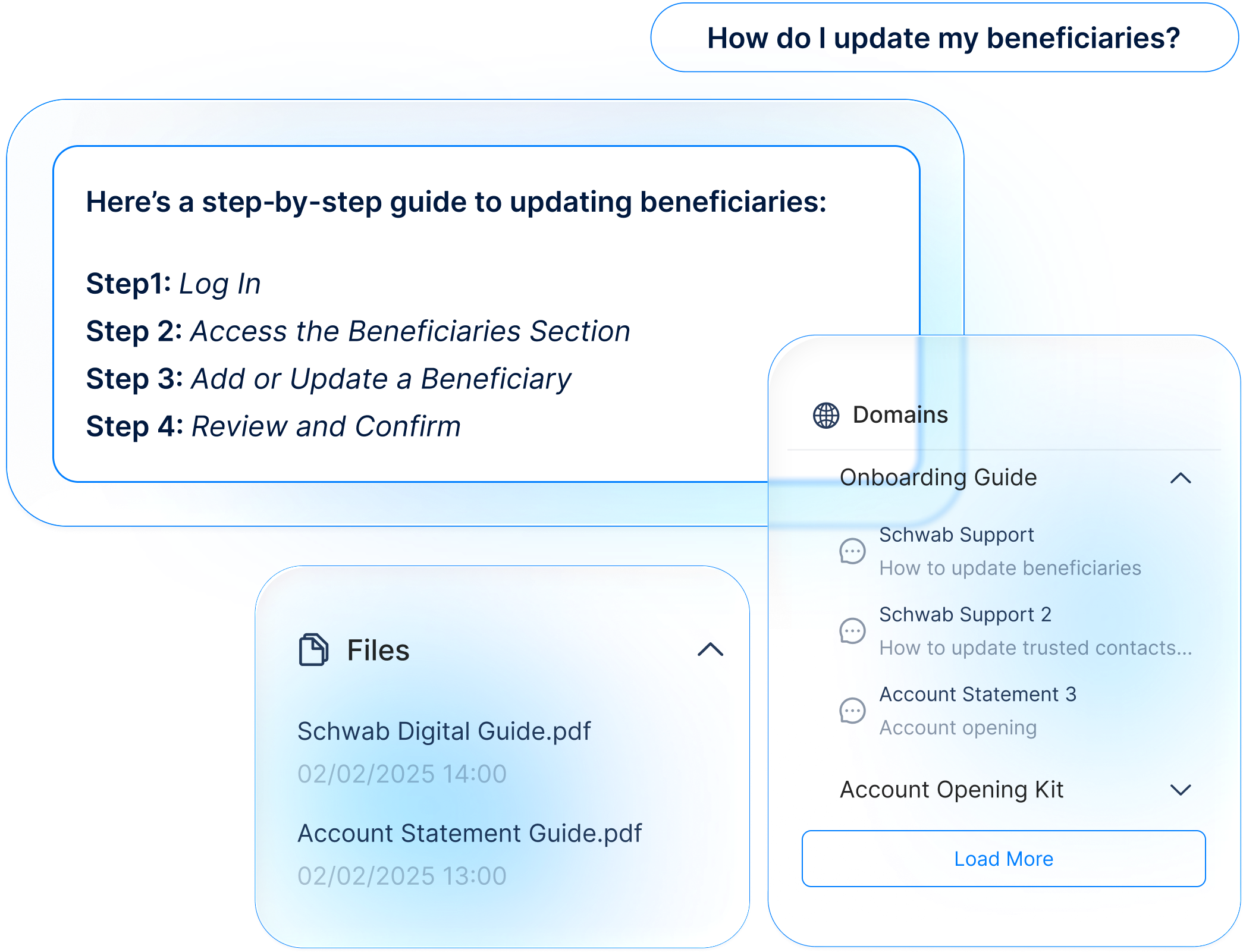 Custom knowledge base in ARQA AI providing instructions to update beneficiaries in response to a query.