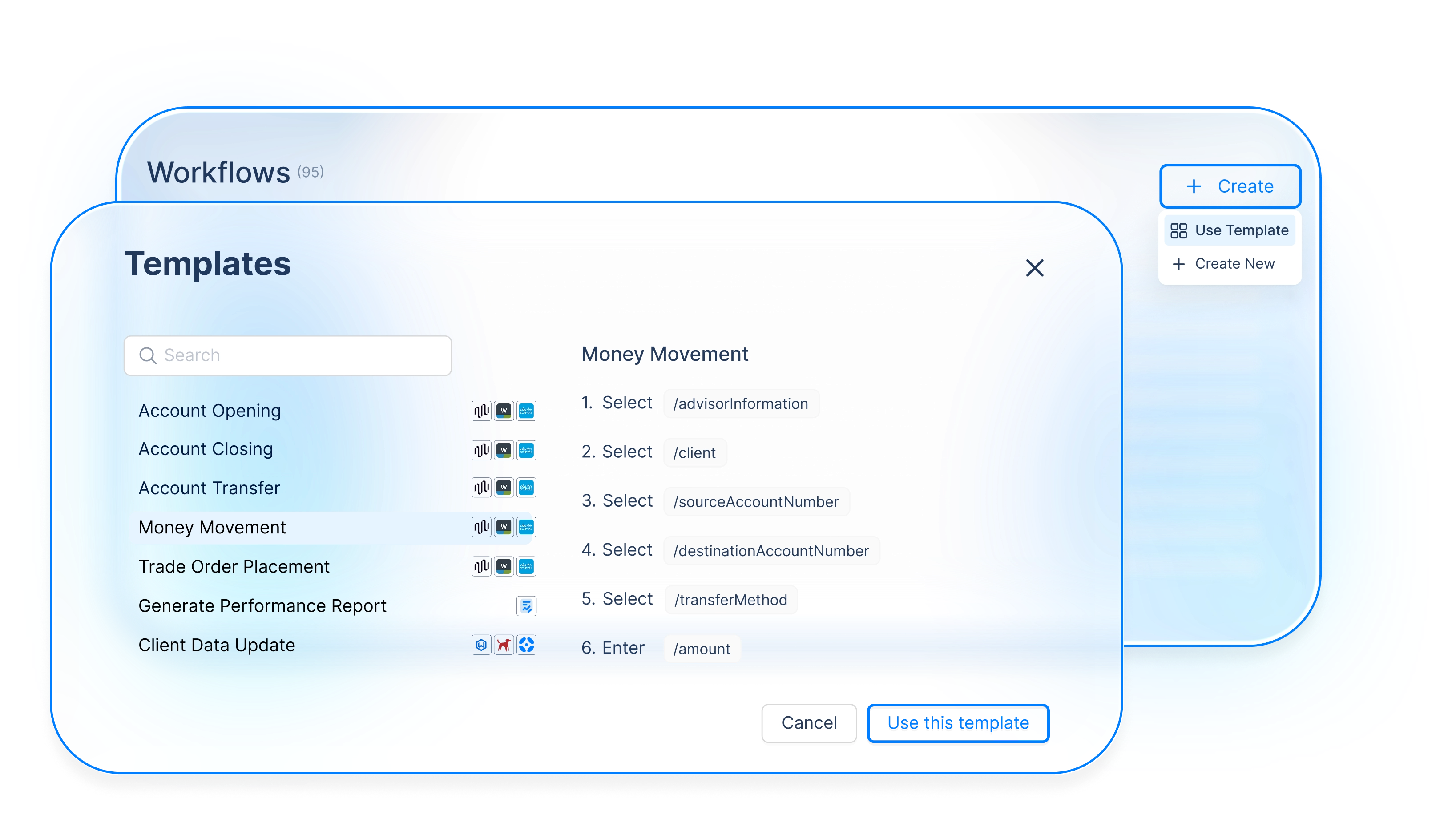 Illustrative view of pre-built workflow templates in ARQA.