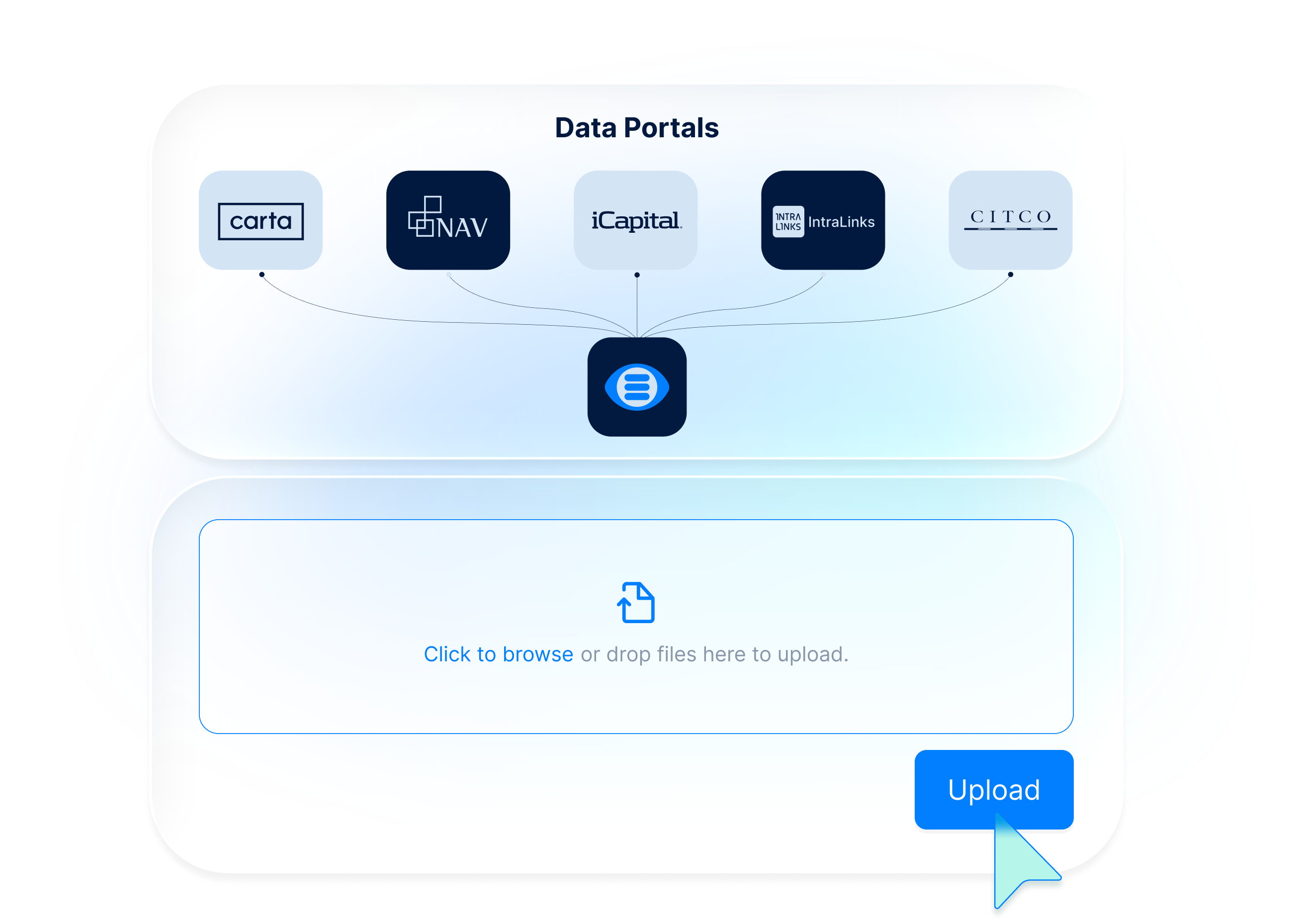 Illustrative view of KorScript uploading financial documents from connected data portals.