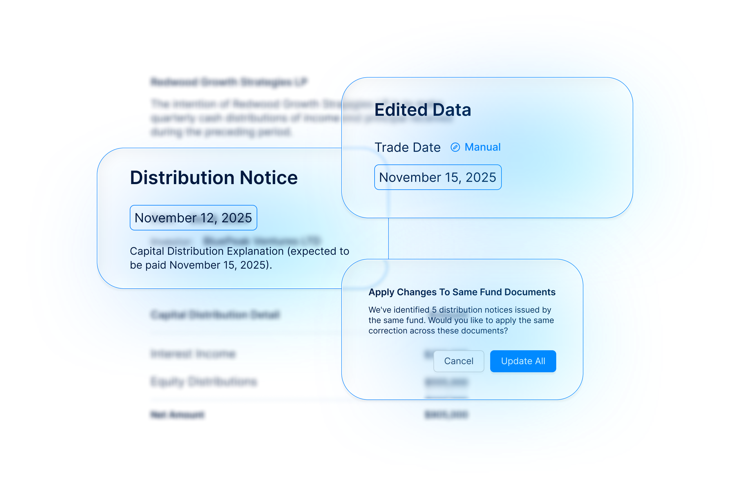 Illustrative view of KorScript applying data correction to multiple financial documents.