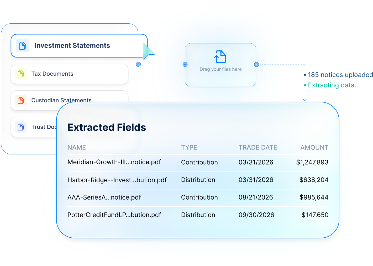 Illustrative view of KorScript uploading financial documents from connected data portals.