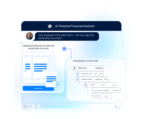 Illustrative interface of ARQA CRM generating ownership structures from uploaded documents and a user prompt