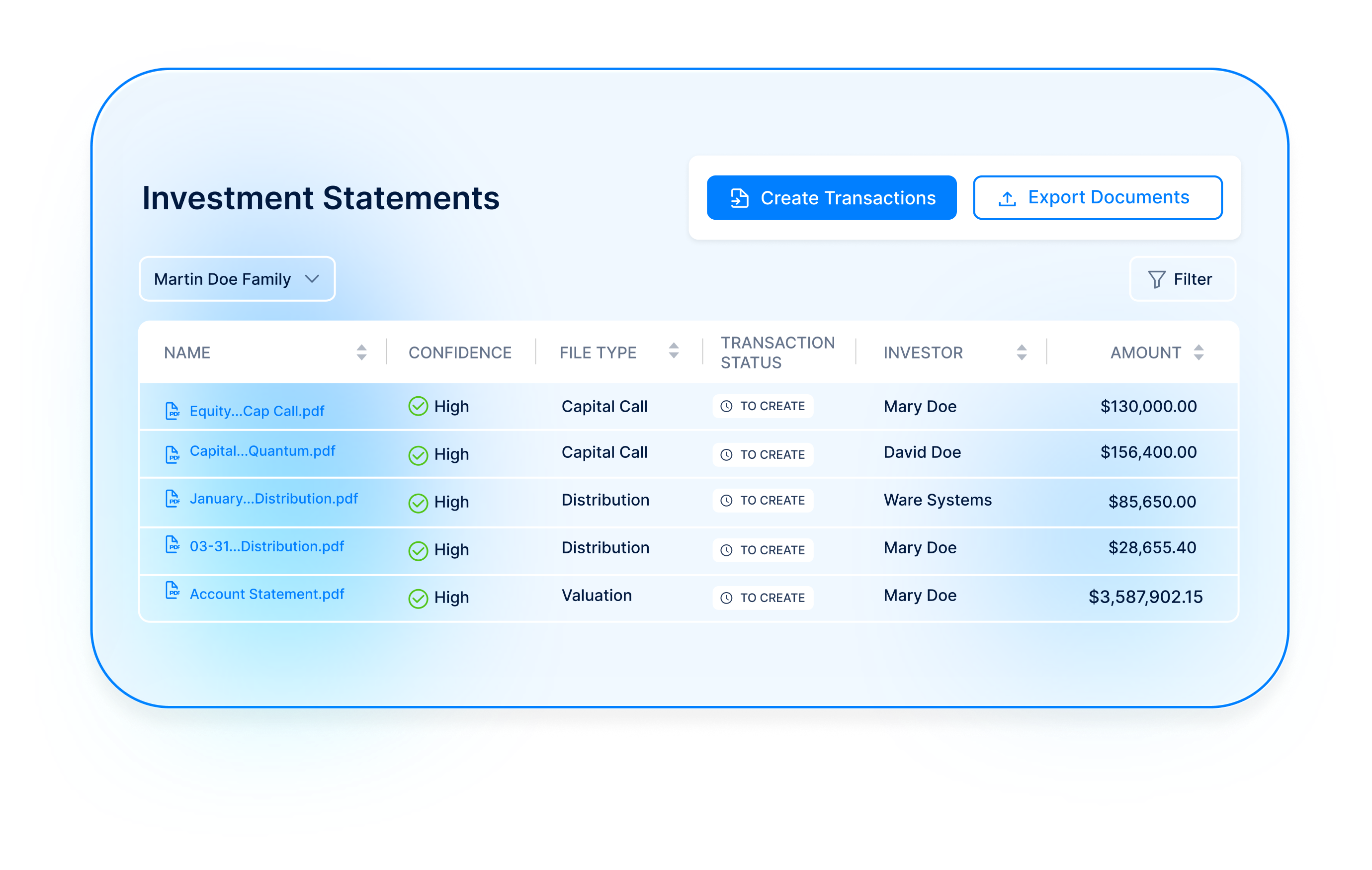 Illustrative KorScript dashboard with extracted data ready for transaction creation and export.