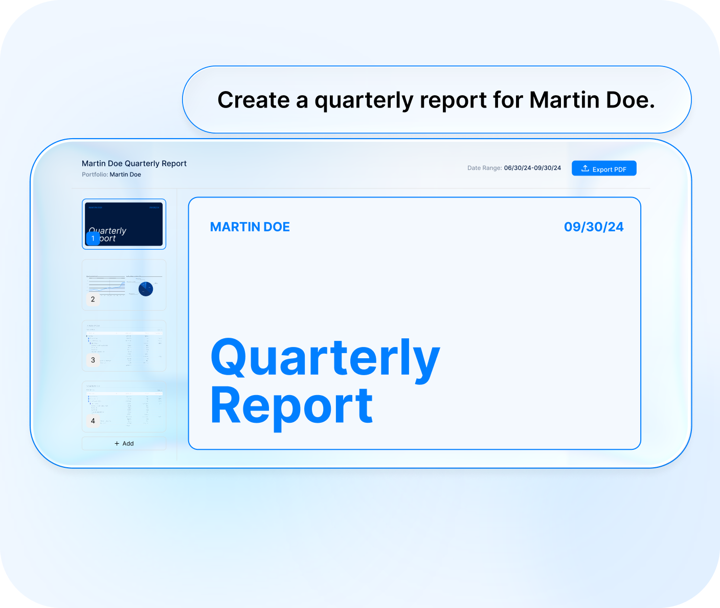 ARQA AI generates a quarterly client report in one click.